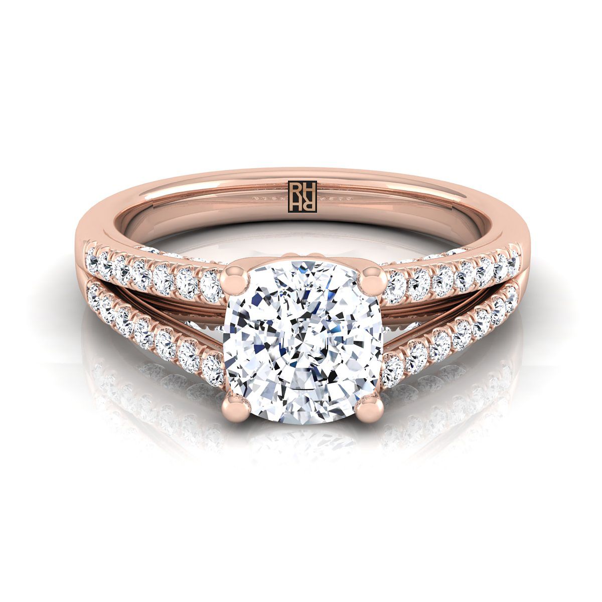 แหวนหมั้นเพชร 14K Rose Gold Cushion Split Shank French Pave -1/3ctw