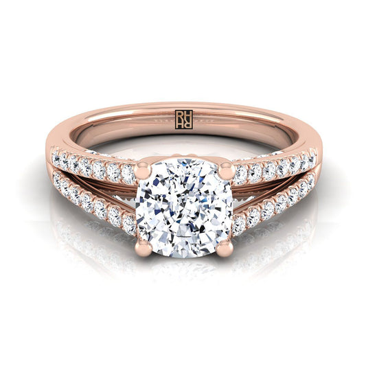 แหวนหมั้นเพชร 14K Rose Gold Cushion Split Shank French Pave -1/3ctw