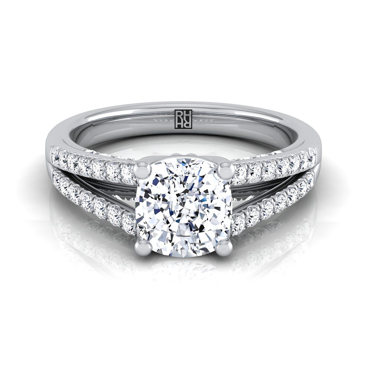 แหวนหมั้นเพชร 14K White Gold Cushion Diamond Split Shank French Pave -1/3ctw