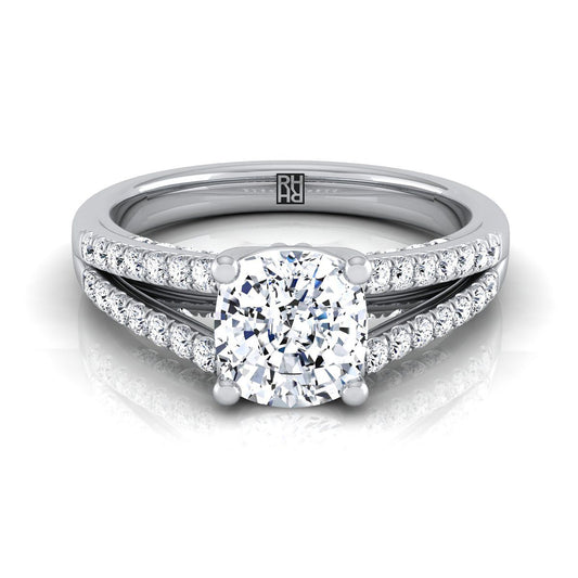 แหวนหมั้นเพชร 14K White Gold Cushion Diamond Split Shank French Pave -1/3ctw