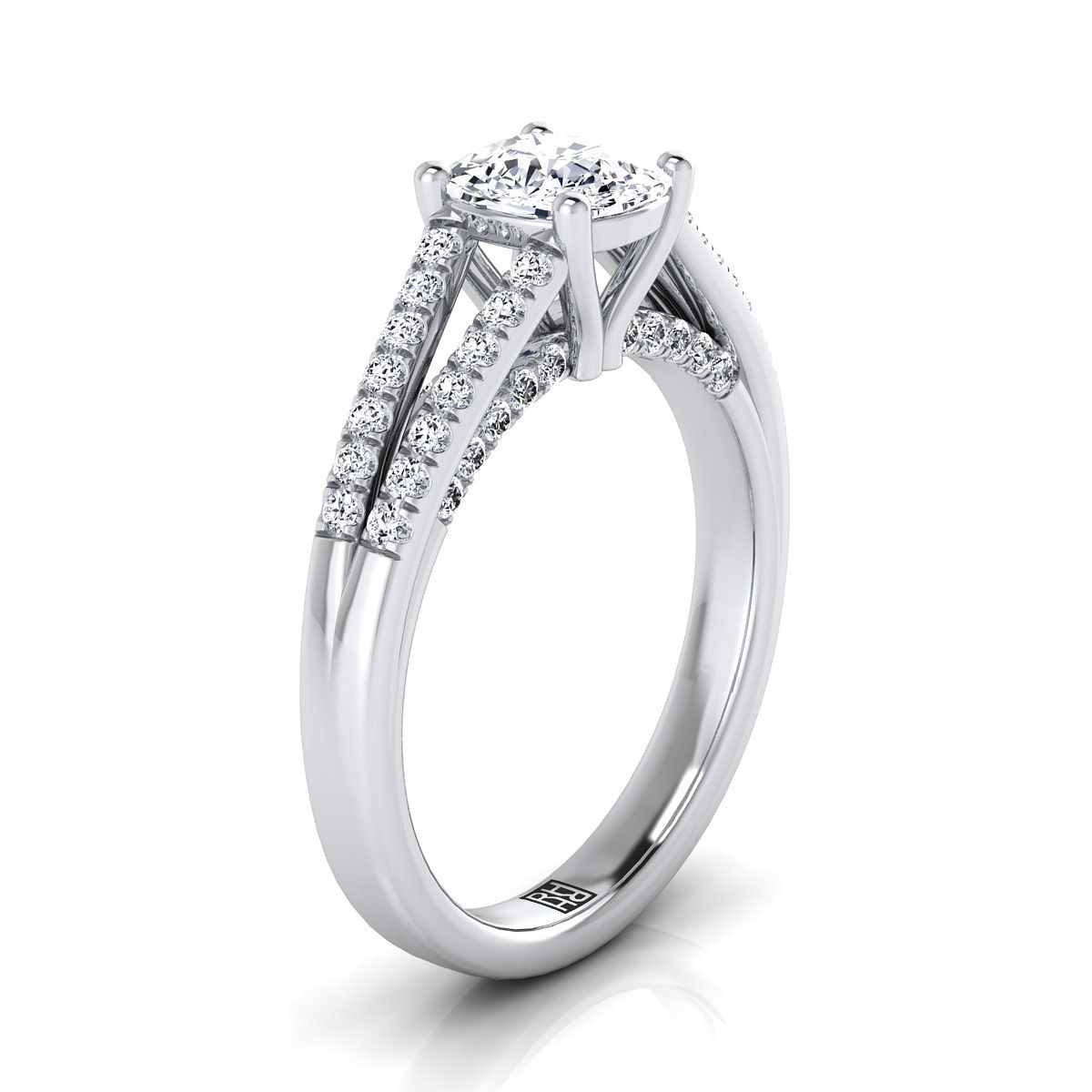 แหวนหมั้นเพชร 14K White Gold Cushion Diamond Split Shank French Pave -1/3ctw