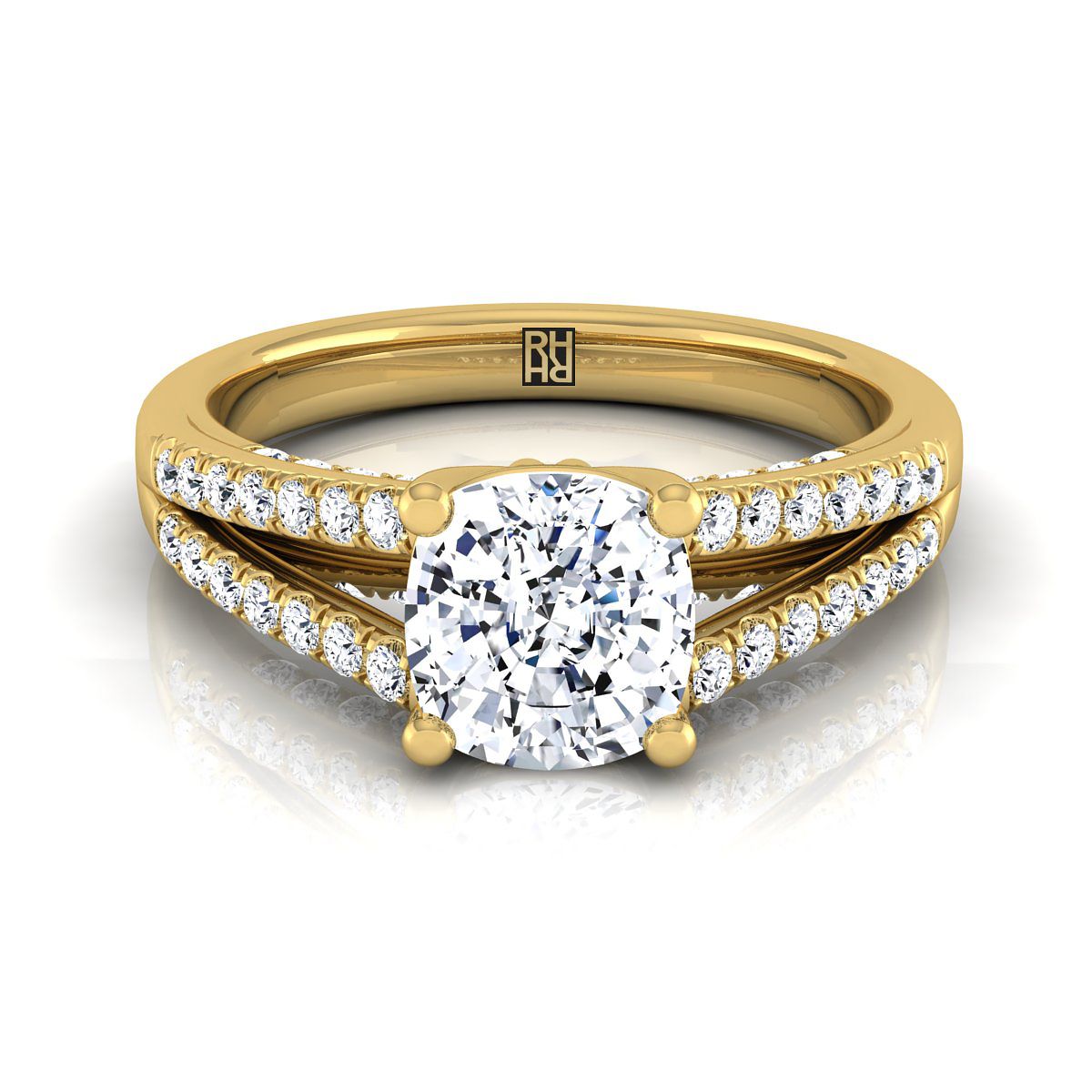 14K Yellow Gold Cushion Diamond Split Shank French Pave Engagement Ring -1/3ctw