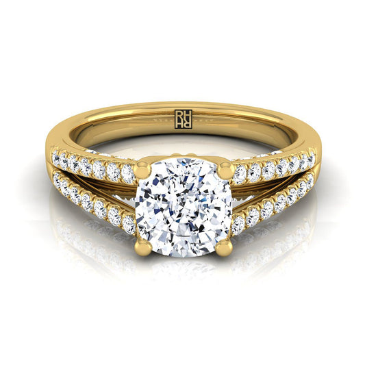 แหวนหมั้นเพชร 14K Yellow Gold Cushion Split Shank French Pave -1/3ctw