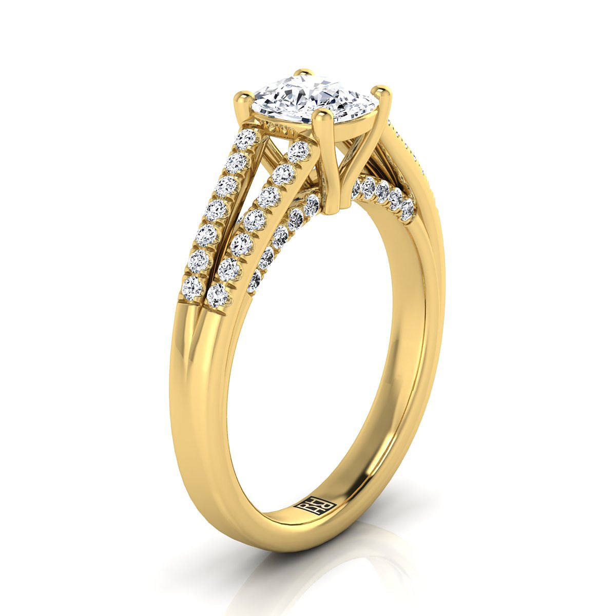 14K Yellow Gold Cushion Diamond Split Shank French Pave Engagement Ring -1/3ctw