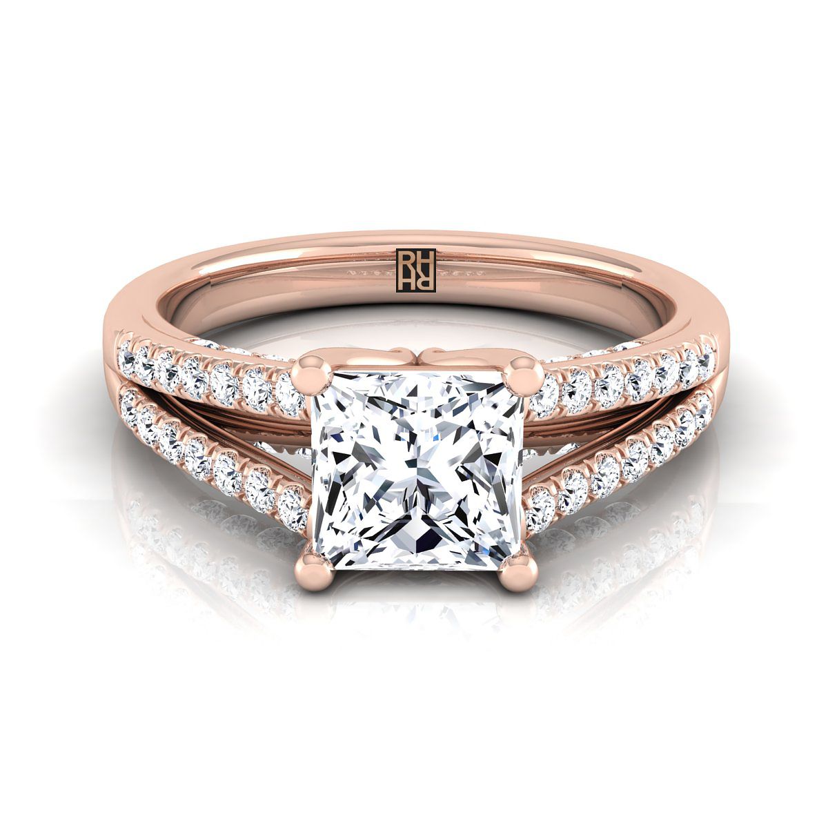 แหวนหมั้นเพชร 14K Rose Gold Princess Cut แบบแยกก้าน French Pave -1/3ctw