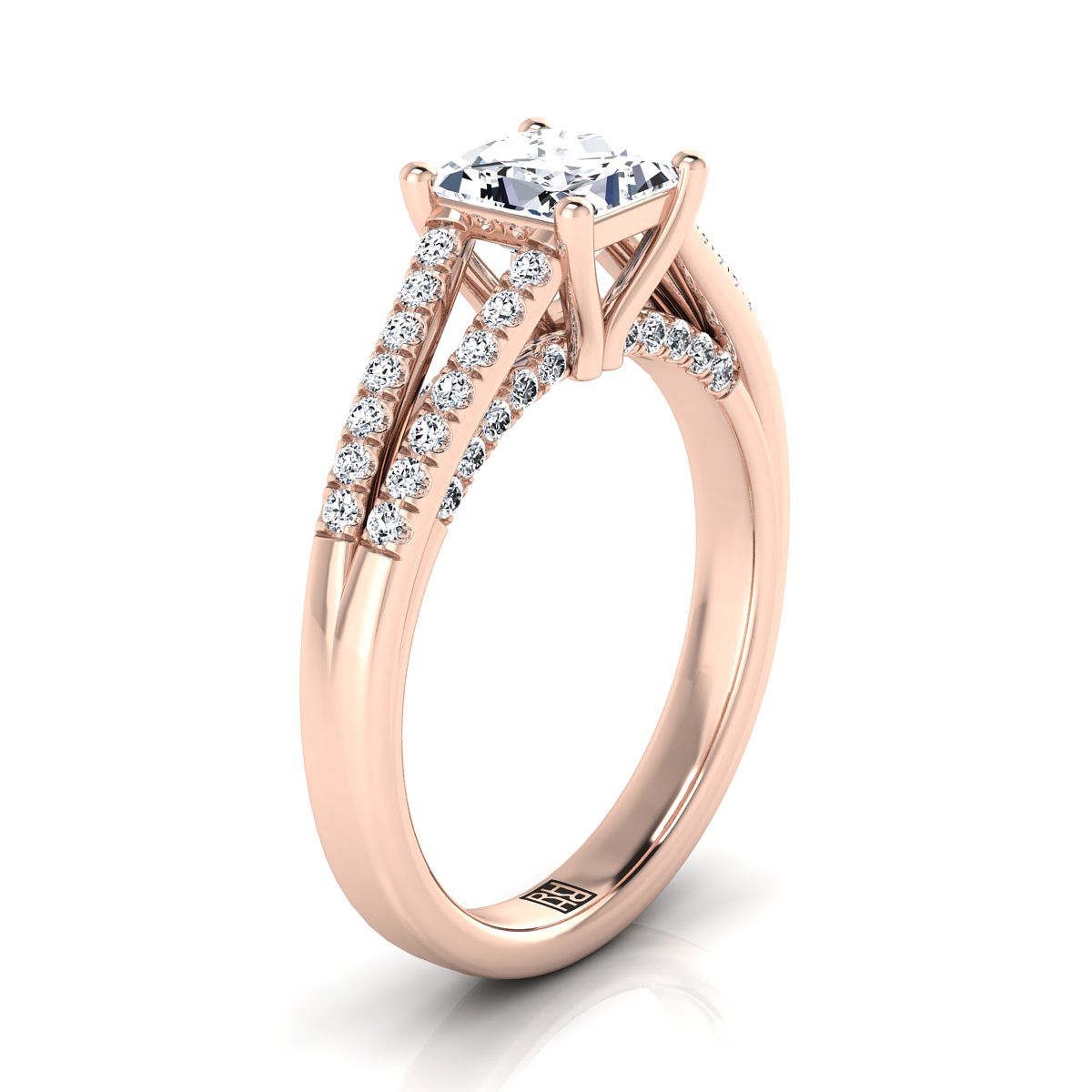 แหวนหมั้นเพชร 14K Rose Gold Princess Cut แบบแยกก้าน French Pave -1/3ctw