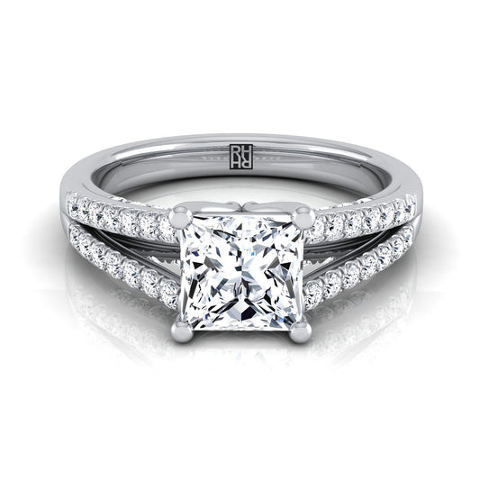 14K White Gold Princess Cut Diamond Split Shank French Pave Engagement Ring -1/3ctw