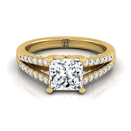 18K Yellow Gold Princess Cut Diamond Split Shank French Pave Engagement Ring -1/3ctw