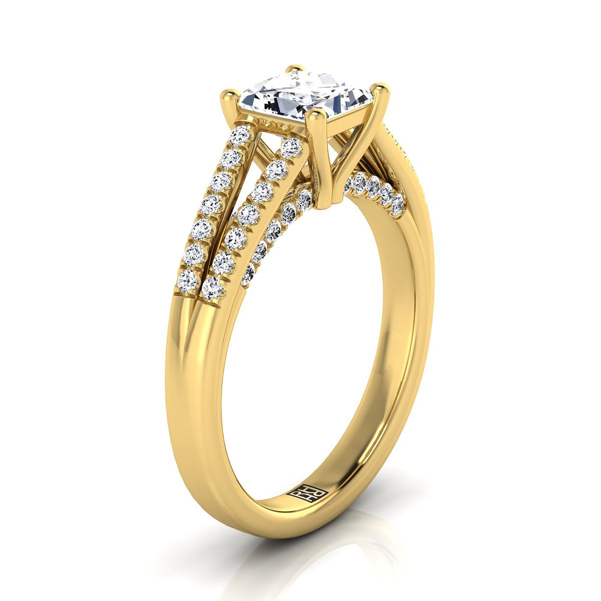 แหวนหมั้นเพชร 14K Yellow Gold Princess Cut Diamond Split Shank French Pave -1/3ctw