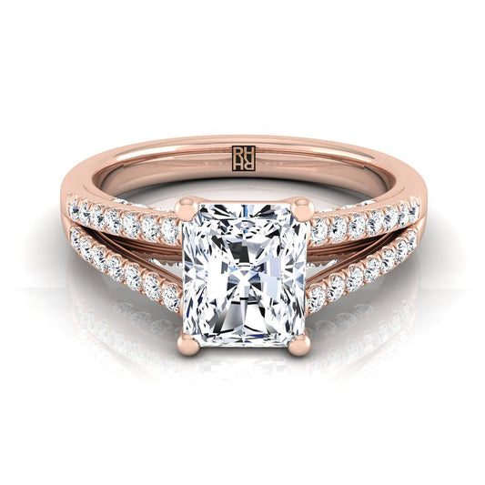 แหวนหมั้นเพชร 14K Rose Gold Radiant Cut Center แบบแยกก้าน French Pave -1/3ctw