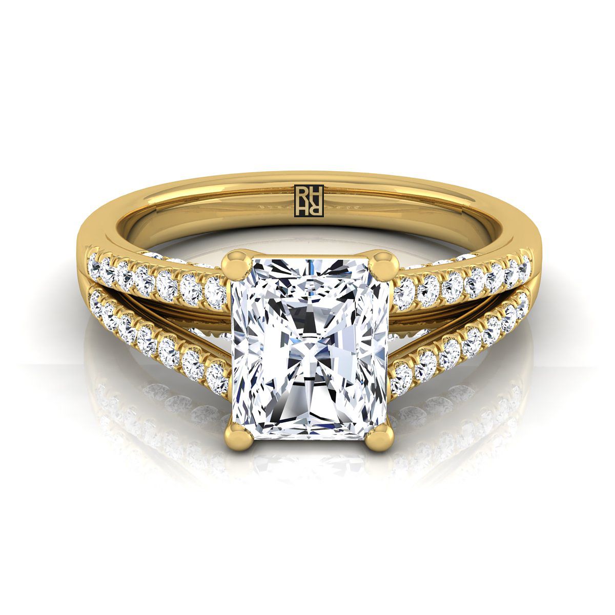 แหวนหมั้นเพชร 18K Yellow Gold Radiant Cut Center Diamond Split Shank French Pave -1/3ctw