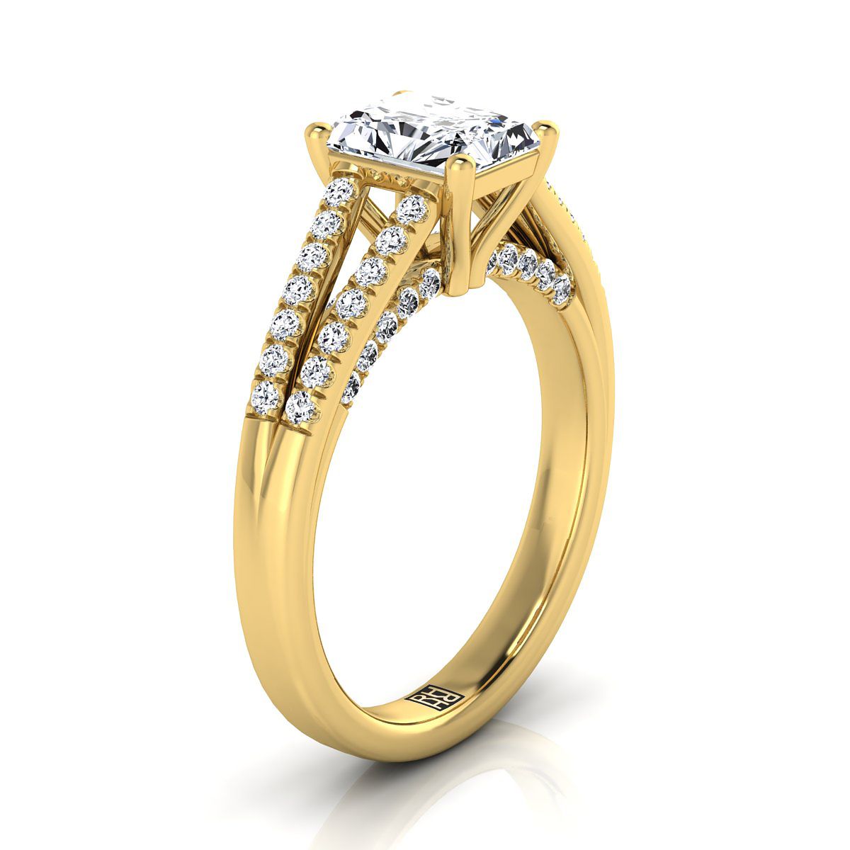 แหวนหมั้นเพชร 14K Yellow Gold Radiant Cut Center Diamond Split Shank French Pave -1/3ctw