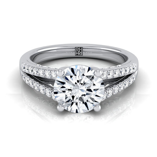 Platinum Round Brilliant Diamond Split Shank French Pave Engagement Ring -1/3ctw