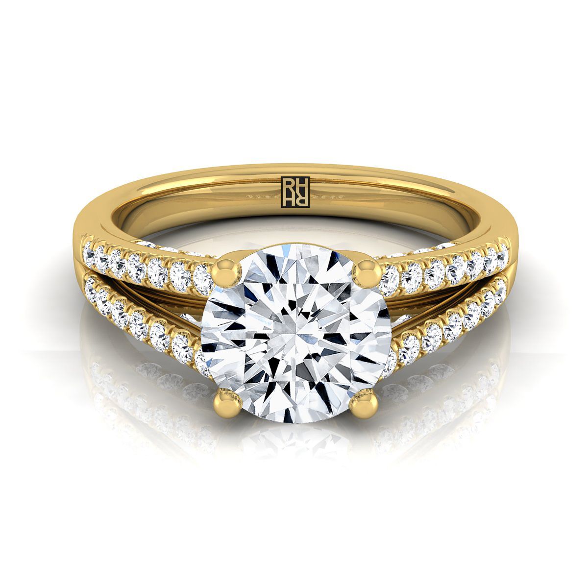 14K Yellow Gold Round Brilliant Diamond Split Shank French Pave Engagement Ring -1/3ctw