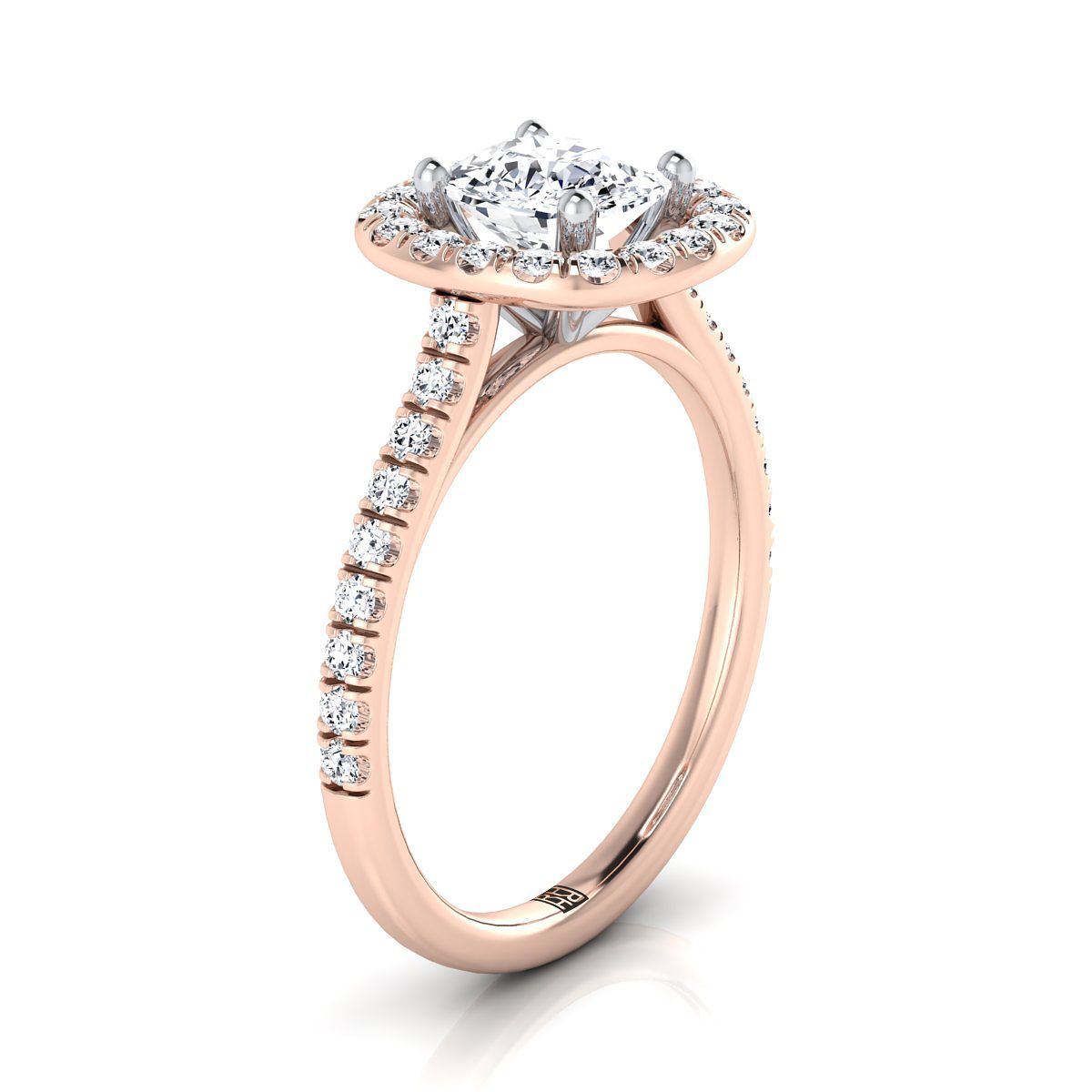 แหวนหมั้นเพชร 14K Rose Gold Cushion Simple French Pave Halo -1/2ctw