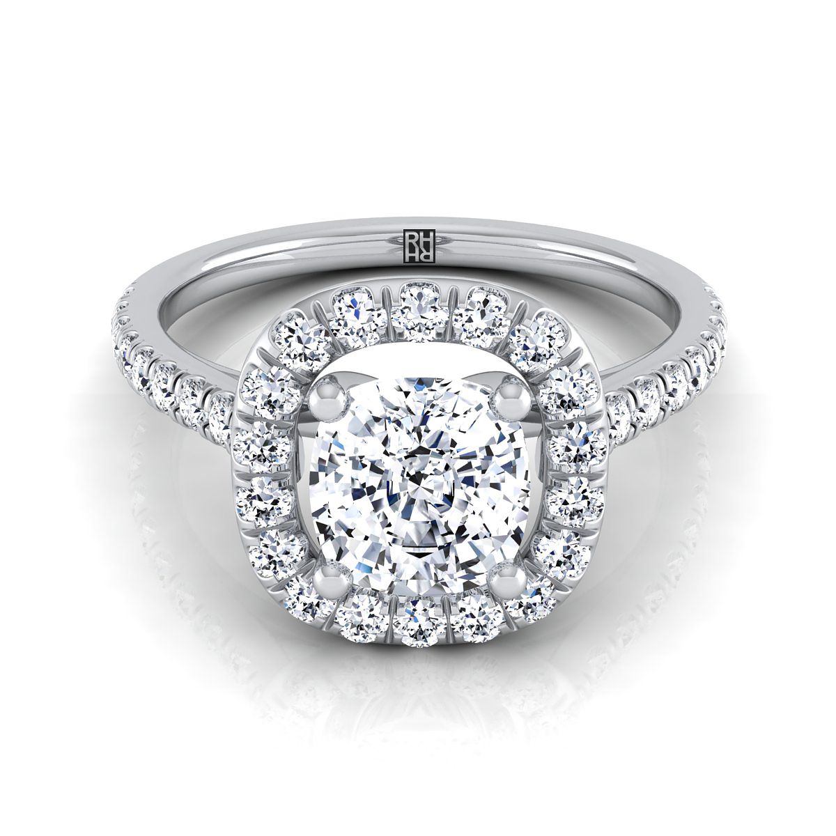 Platinum Cushion Diamond Simple French Pave Halo Engagement Ring -1/2ctw