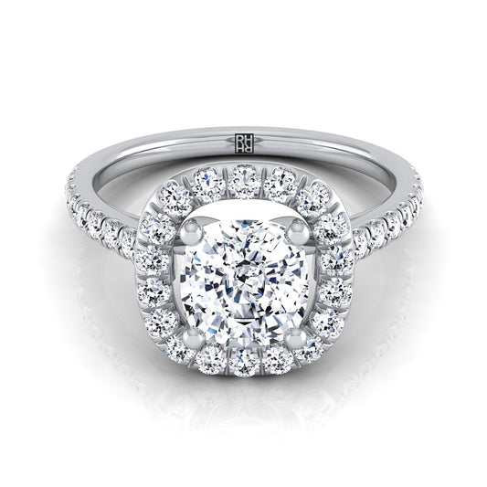 Platinum Cushion Diamond Simple French Pave Halo Engagement Ring -1/2ctw