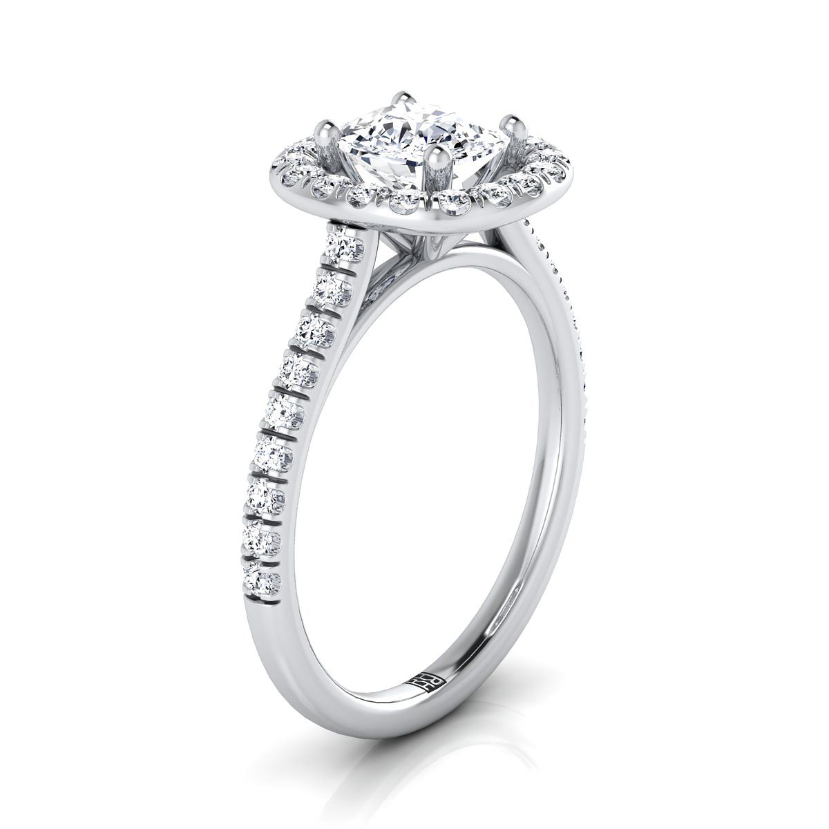 Platinum Cushion Diamond Simple French Pave Halo Engagement Ring -1/2ctw