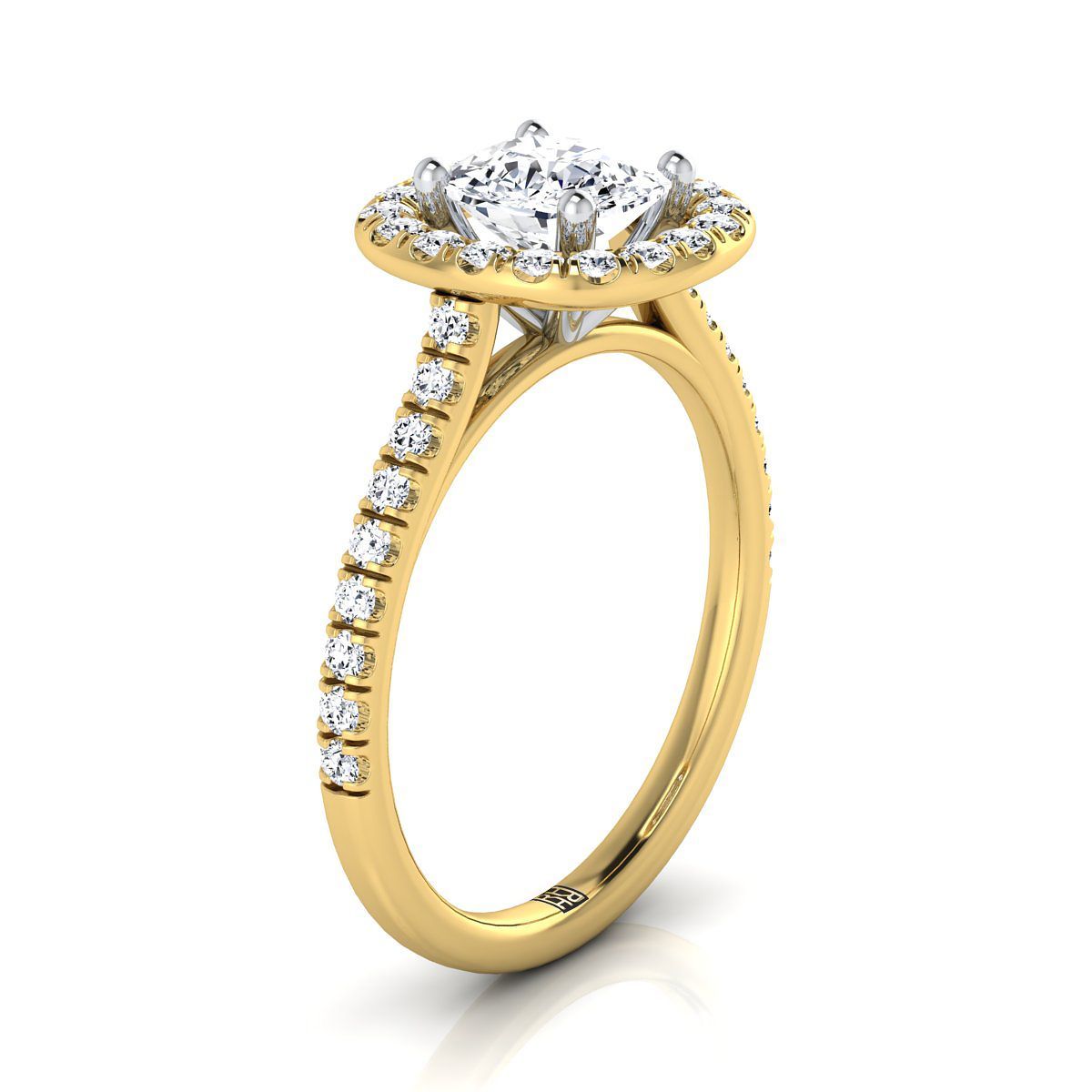 14K Yellow Gold Cushion Diamond Simple French Pave Halo Engagement Ring -1/2ctw