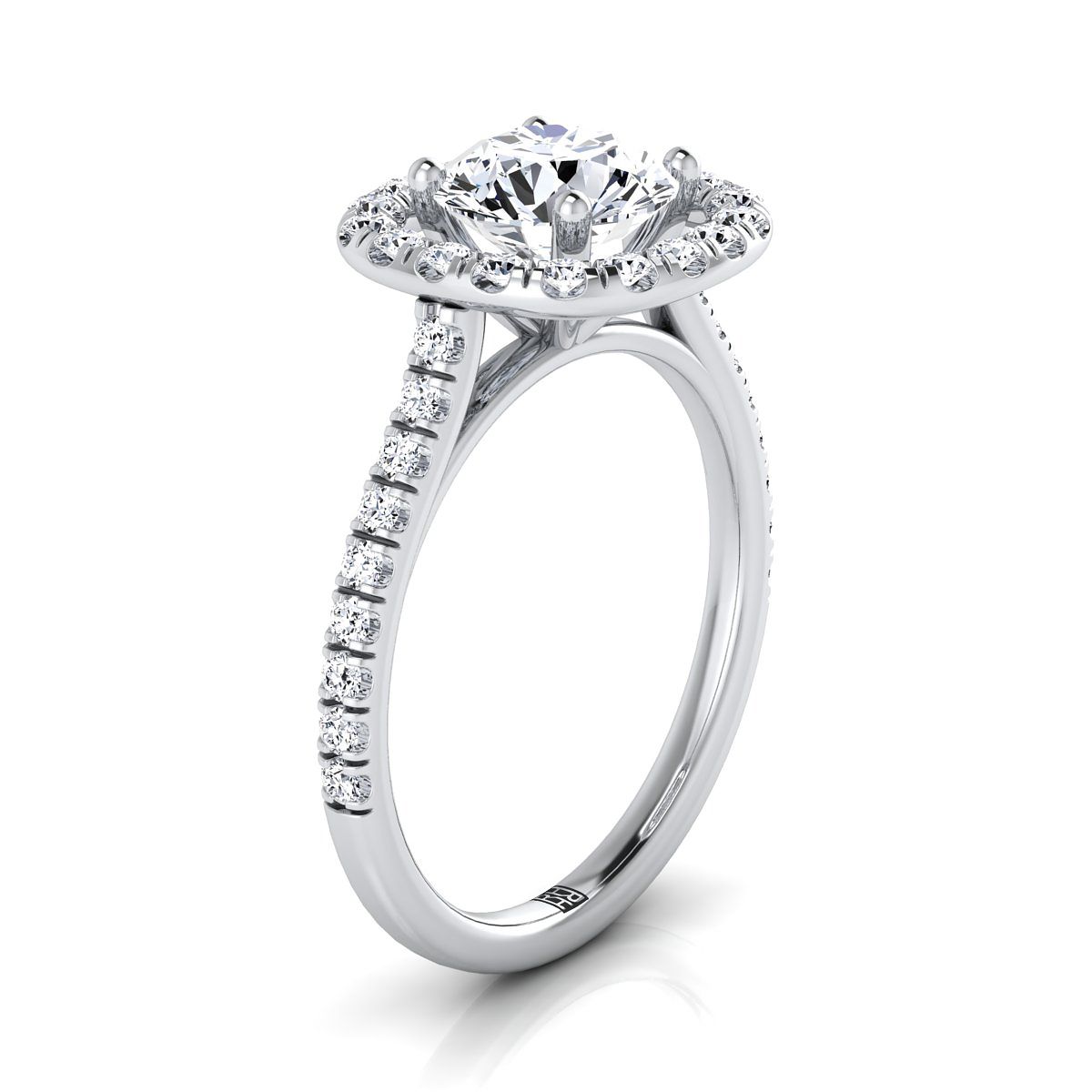 14K White Gold Round Brilliant Diamond Simple French Pave Halo Engagement Ring -1/2ctw