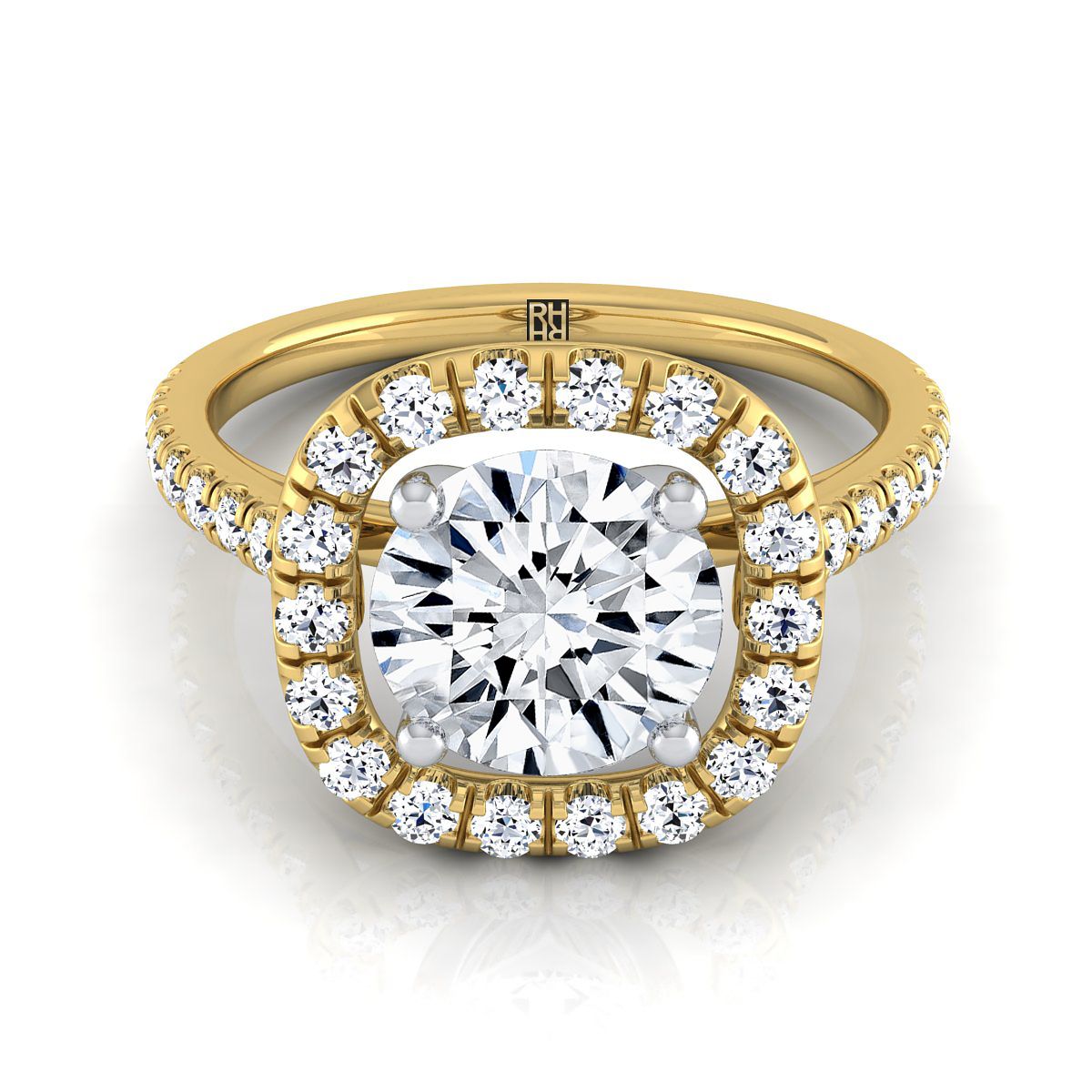 14K Yellow Gold Round Brilliant Diamond Simple French Pave Halo Engagement Ring -1/2ctw