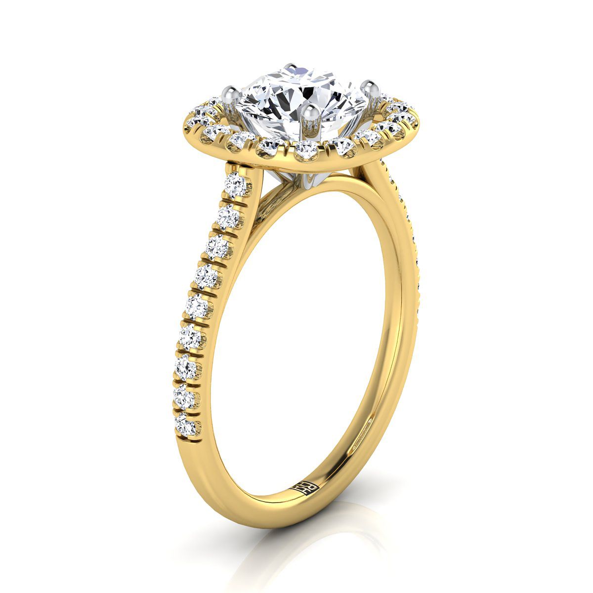 14K Yellow Gold Round Brilliant Diamond Simple French Pave Halo Engagement Ring -1/2ctw