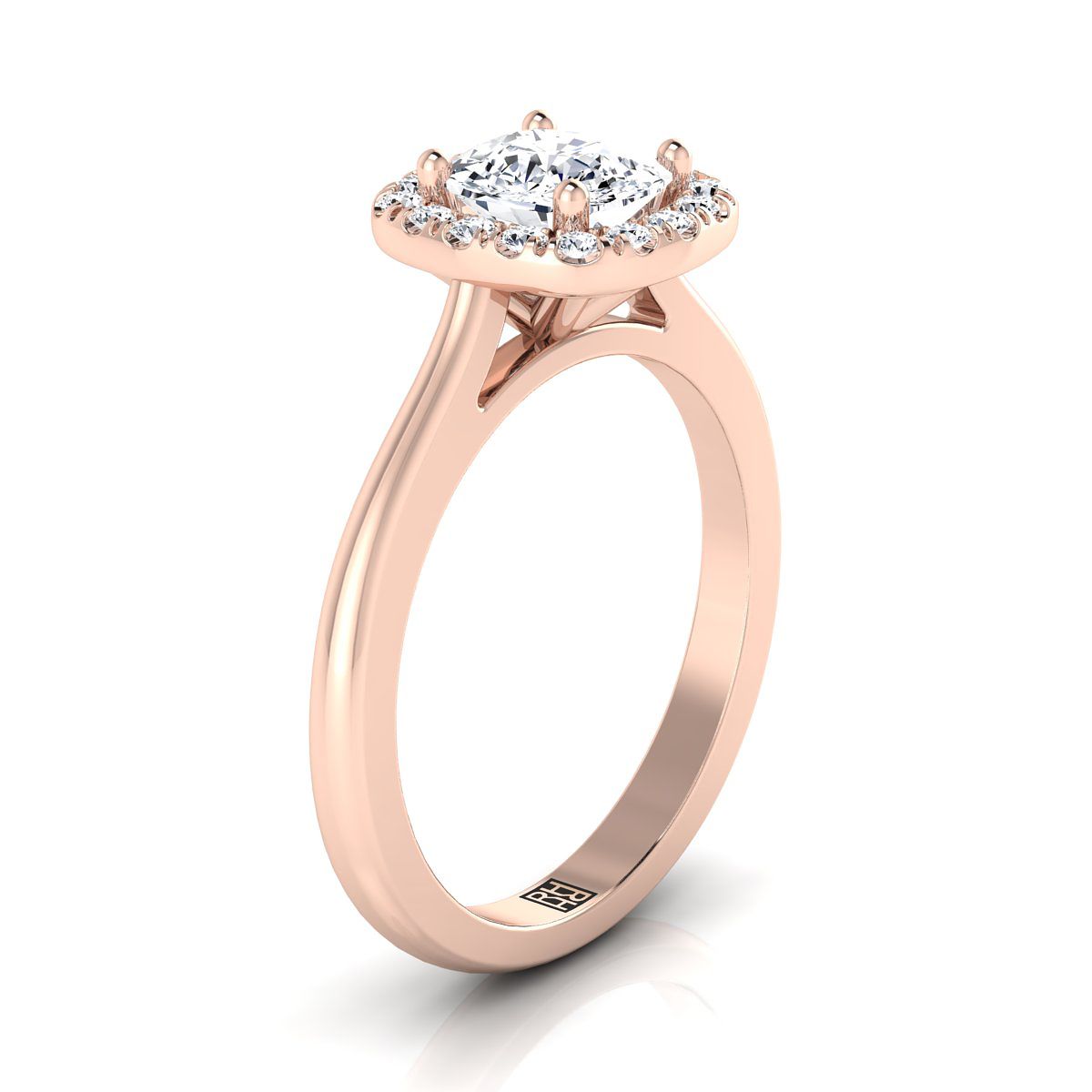 แหวนหมั้นเพชร 14K Rose Gold Cushion Classic Halo French Pave -1/4ctw