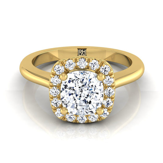 แหวนหมั้นเพชร 18K Yellow Gold Cushion Classic Halo French Pave -1/4ctw