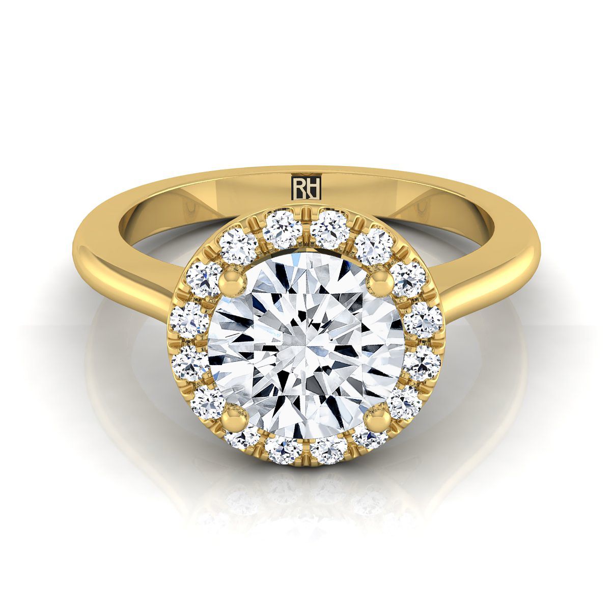 18K สีเหลืองทอง Round Brilliant Diamond Classic Halo French Pave แหวนหมั้น -1/4ctw