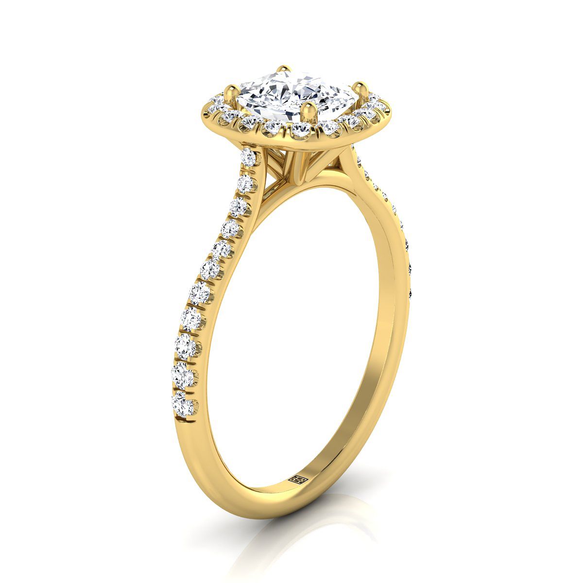 14K Yellow Gold Cushion Diamond Shared Prong Halo Engagement Ring -3/8ctw