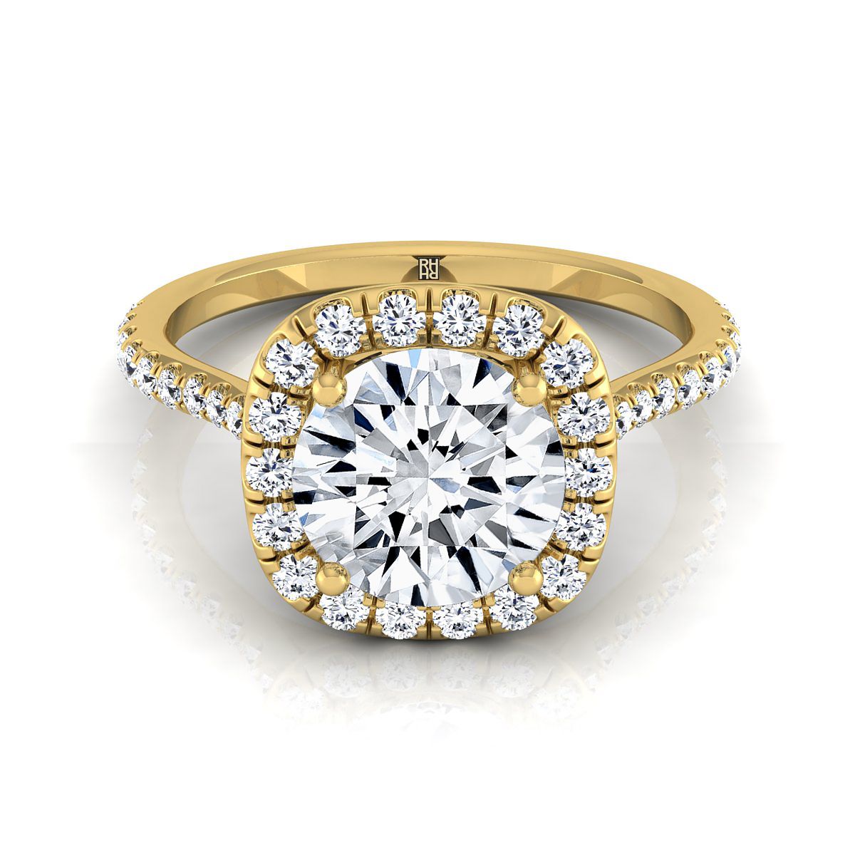 14K Yellow Gold Round Brilliant Diamond Shared Prong Halo Engagement Ring -3/8ctw