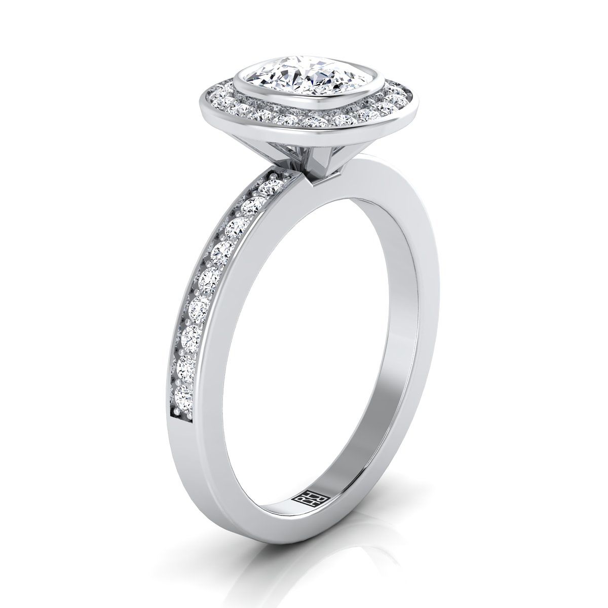 แหวนหมั้นเพชร 18K White Gold Cushion Diamond Matching Halo and Channel Band -3/8ctw