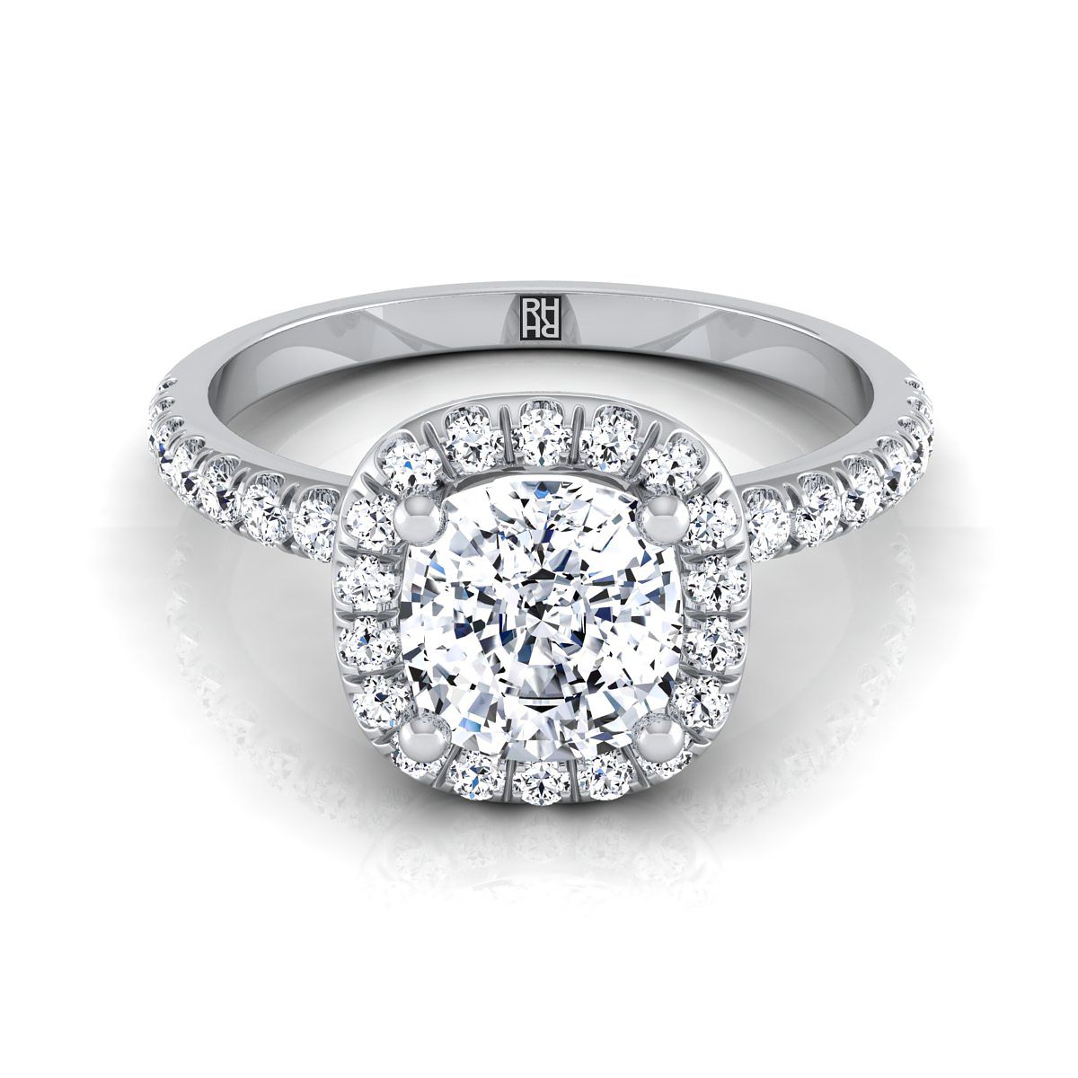 18K White Gold Cushion Classic Halo Linear Diamond Engagement Ring -1/3ctw