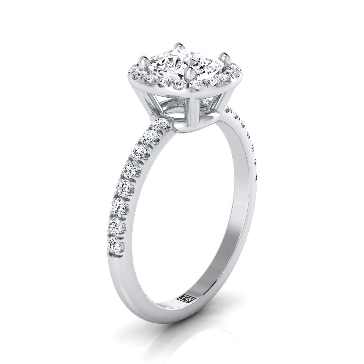 18K White Gold Cushion Classic Halo Linear Diamond Engagement Ring -1/3ctw