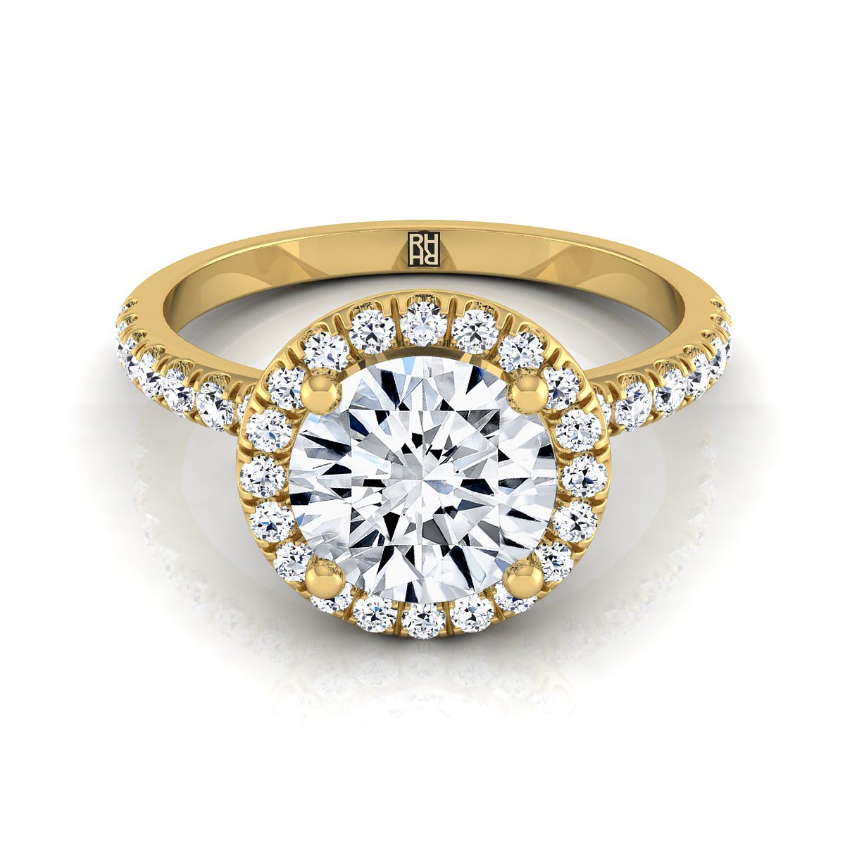 14K Yellow Gold Round Brilliant Classic Halo Linear Diamond Engagement Ring -1/3ctw. (เพชรแท้)