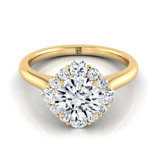 14K Yellow Gold Round Brilliant Square Diamond Halo with Secret Stone Engagement Ring -1/2ctw