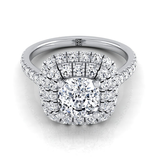 18K White Gold Cushion Double Halo and Linear Pave Engagement Diamond Ring -3/4ctw