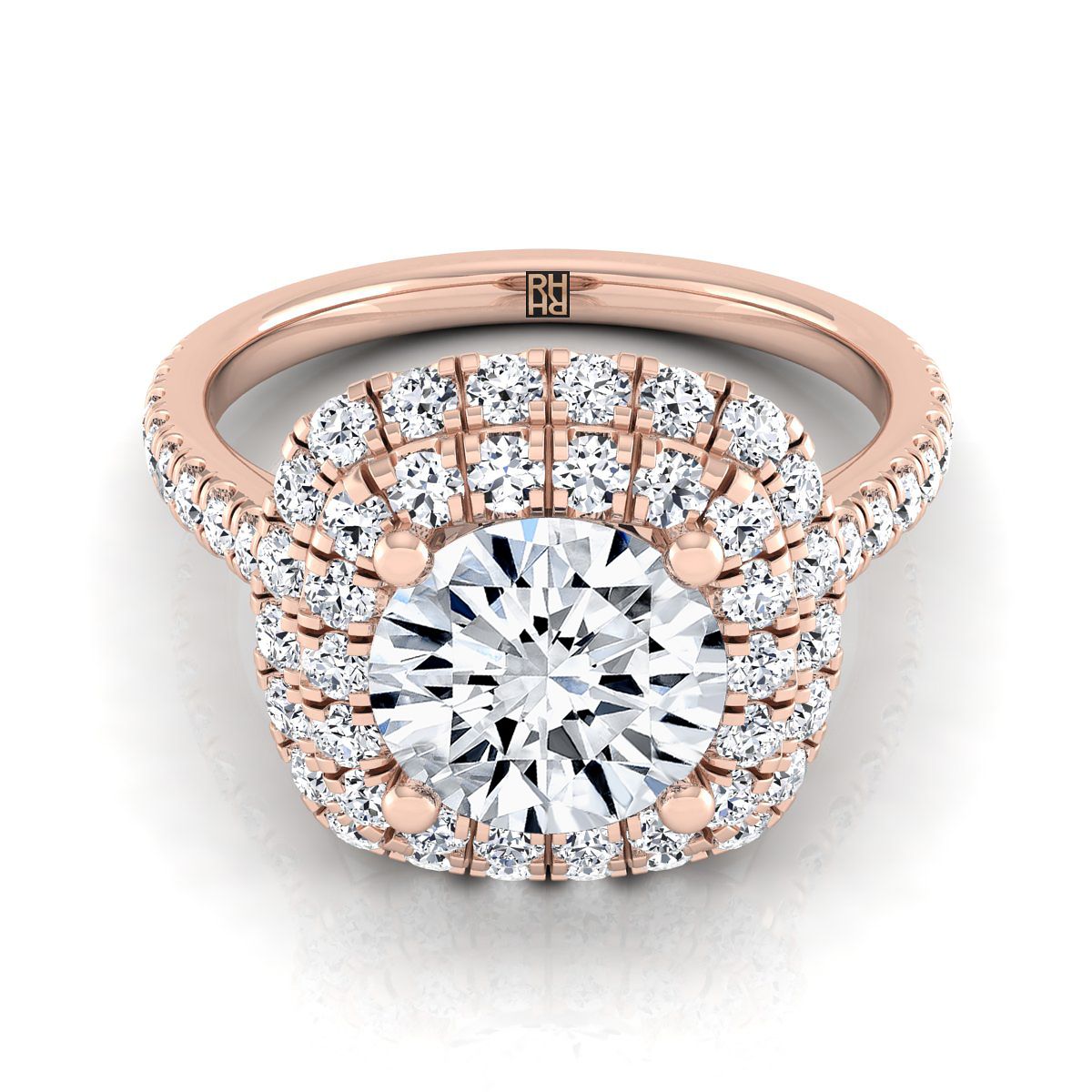 14K Rose Gold Round Brilliant Double Halo and Linear Pave Engagement Diamond Ring -3/4ctw