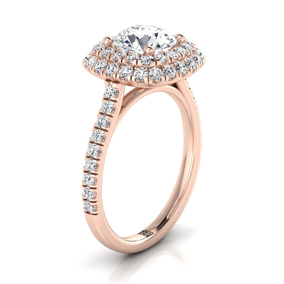 14K Rose Gold Round Brilliant Double Halo and Linear Pave Engagement Diamond Ring -3/4ctw