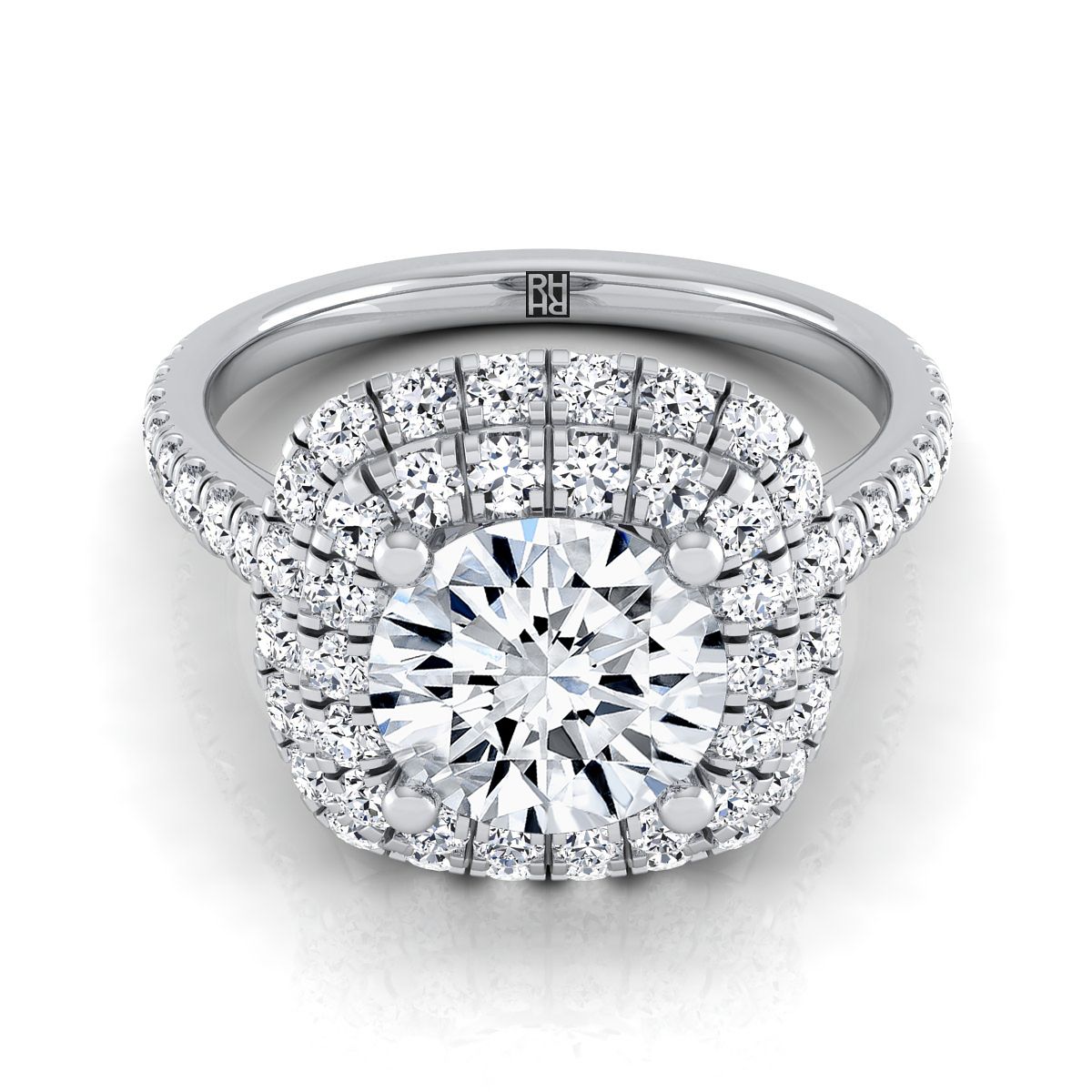 14K White Gold Round Brilliant Double Halo and Linear Pave Engagement Diamond Ring -3/4ctw