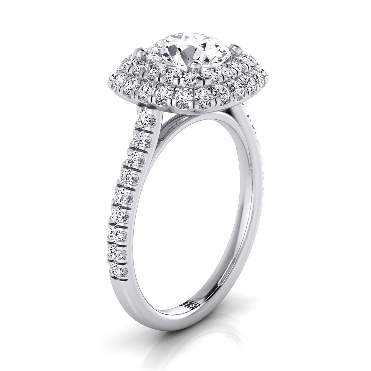 14K White Gold Round Brilliant Double Halo and Linear Pave Engagement Diamond Ring -3/4ctw