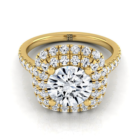 14K Yellow Gold Round Brilliant Double Halo and Linear Pave Engagement Diamond Ring -3/4ctw