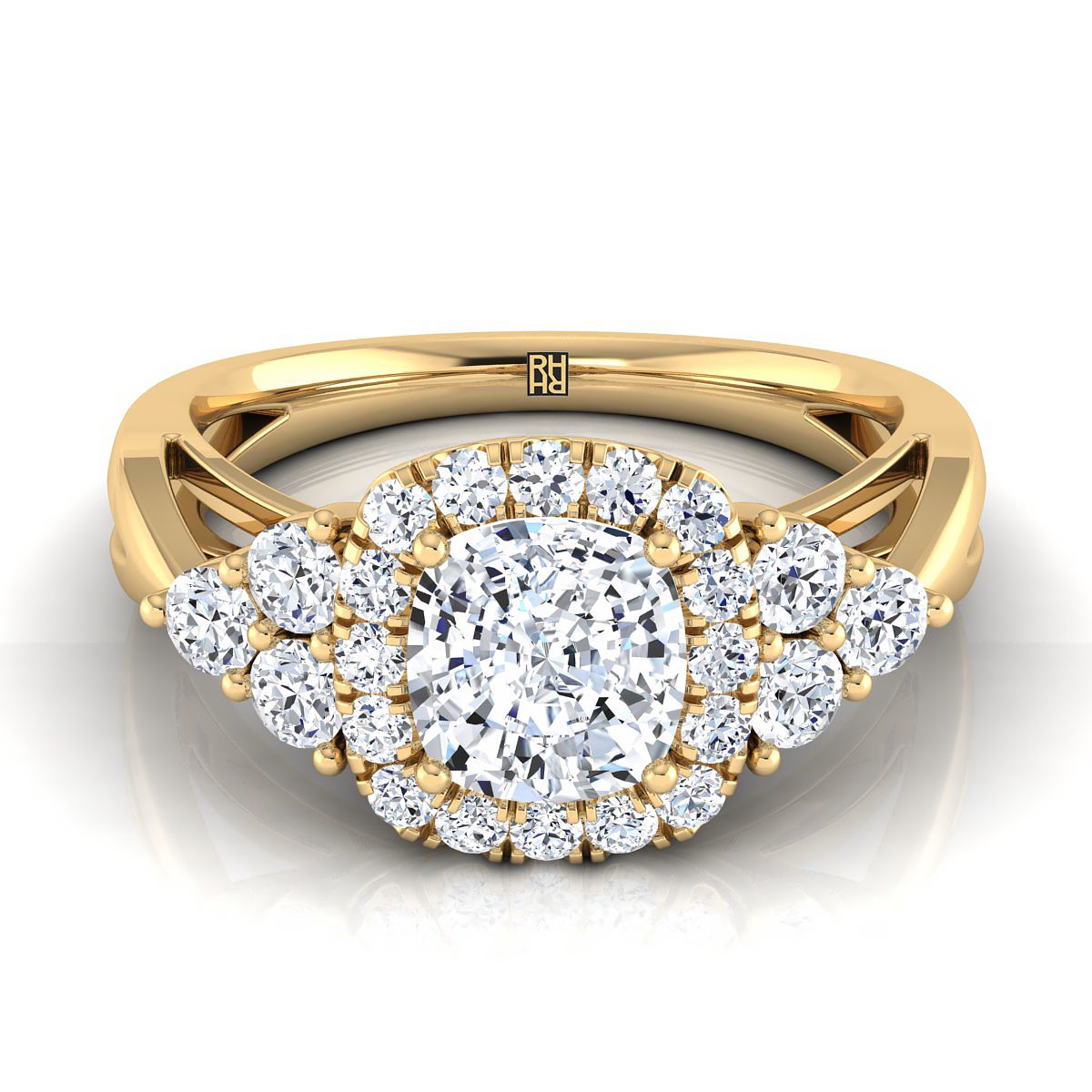 แหวนหมั้นเพชร 18K Yellow Gold Cushion Open Twisted Triple Diamond -5/8ctw