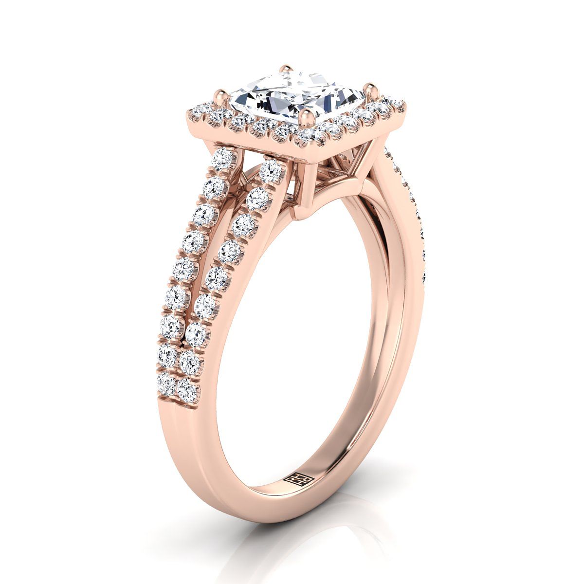 แหวนหมั้นเพชร 14K Rose Gold Princess Cut Split Shank และ Diamond Pave Halo -1/2ctw