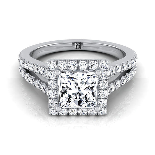 14K White Gold Princess Cut Split Shank and Diamond Pave Halo Engagement Ring -1/2ctw