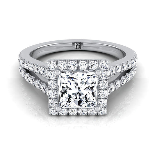 18K White Gold Princess Cut Split Shank and Diamond Pave Halo Engagement Ring -1/2ctw