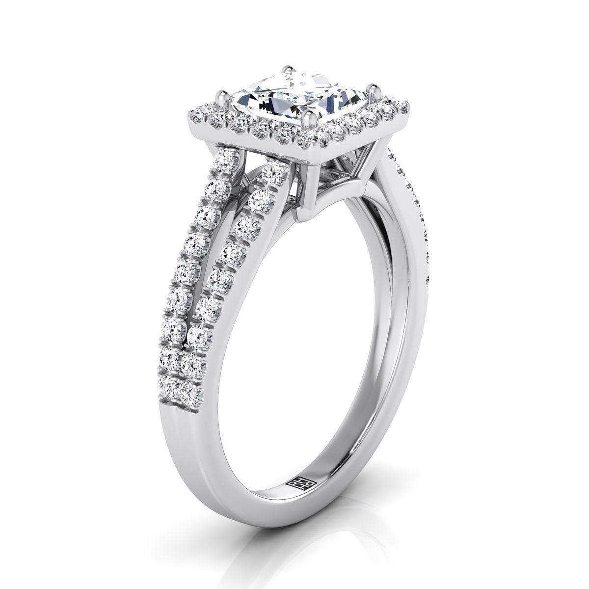 Platinum Princess Cut Split Shank และแหวนหมั้นเพชร Pave Halo -1/2ctw