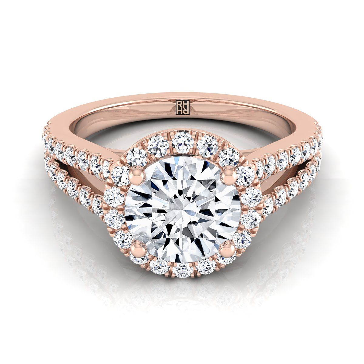 14K Rose Gold Round Brilliant Split Shank และแหวนหมั้นเพชร Pave Halo -1/2ctw