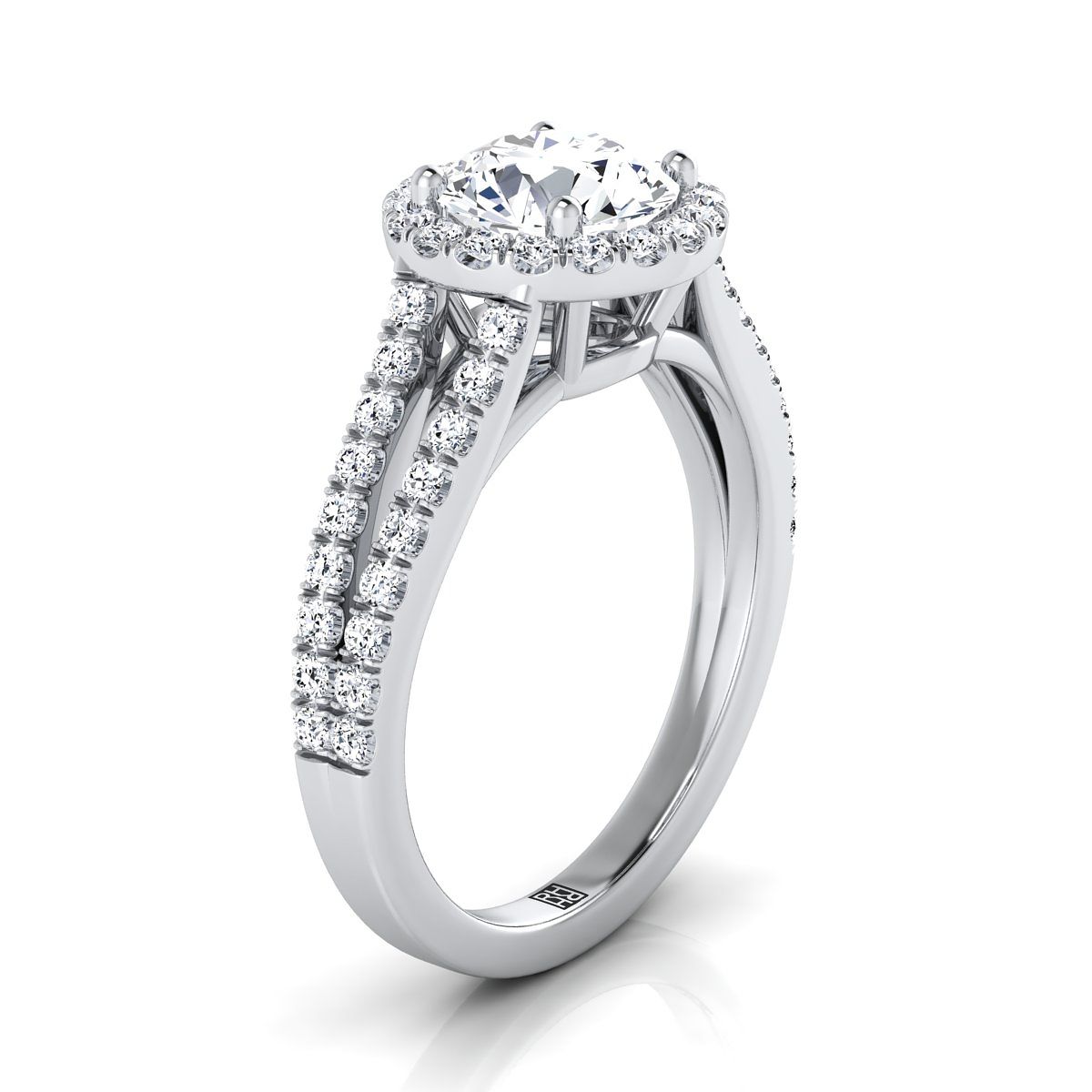 14K White Gold Round Brilliant Split Shank and Diamond Pave Halo Engagement Ring -1/2ctw