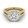 14K Yellow Gold Round Brilliant Split Shank and Diamond Pave Halo Engagement Ring -1/2ctw